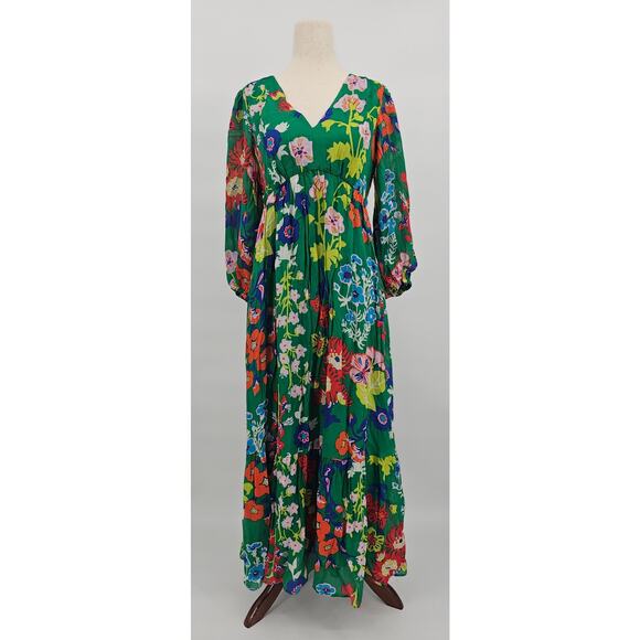 Boden Women's 6P V-Neck Puff Maxi Dress Green Tambourine Wild Flower NWT - Picture 2 of 10